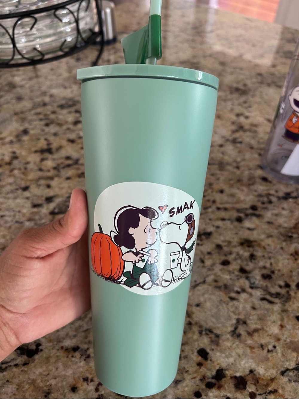 Starbucks Mint Green Peanuts Snoopy Kiss Tumbler